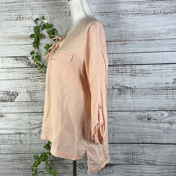 Ellen Tracy Company Tunic Blouse Large Peach Linen Sailor Beach Modest Church - Picture 10 of 13